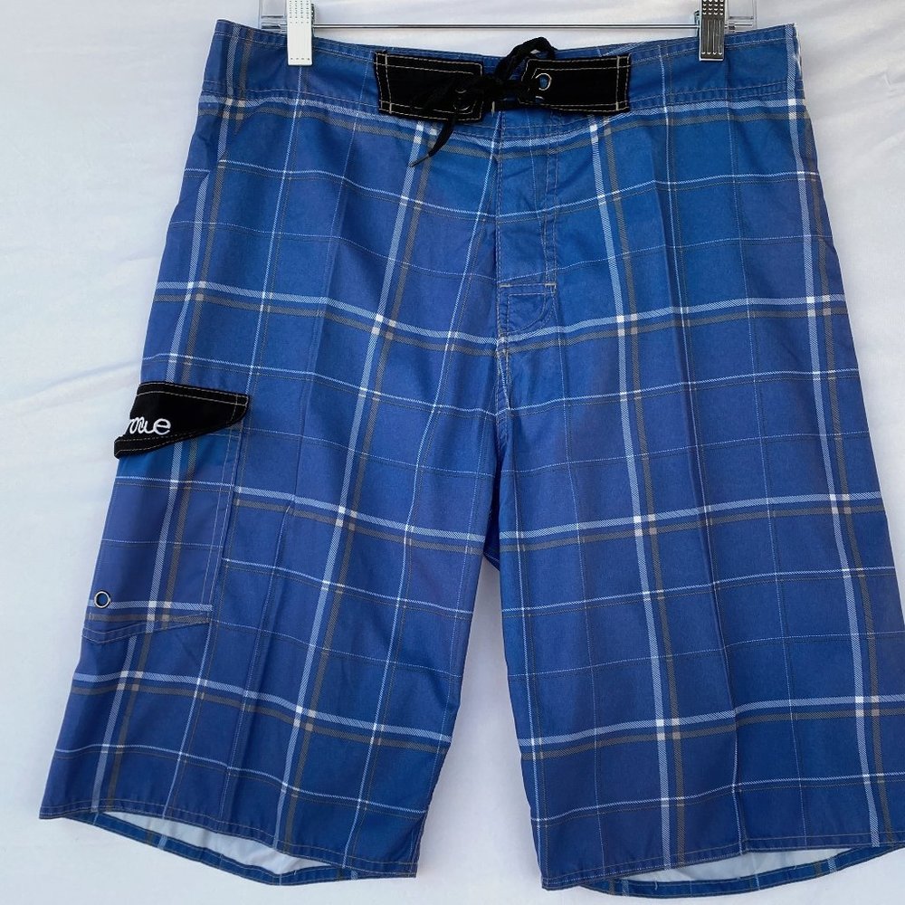 NONWE Swim Trunks Board Shorts Mens Size 32 Blue w/Gray/White Check Stripe
